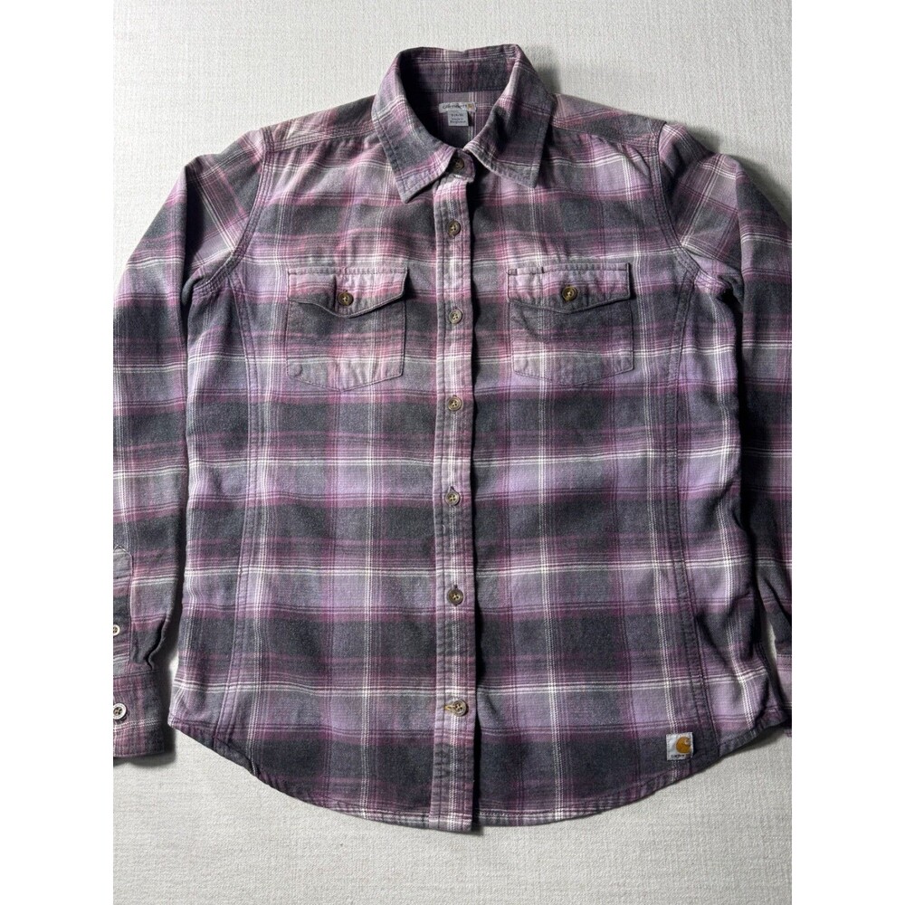 Carhartt Women's Flannel Button Up Long Sleeve Purple Grey Plaid Small Soft